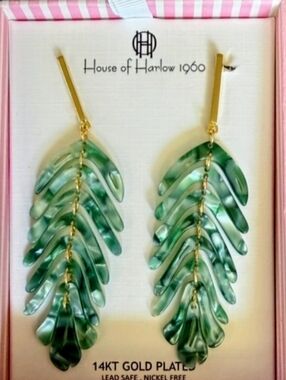NWT House of Harlow 1960 Green and Gold Leaf Cascade Earrings
